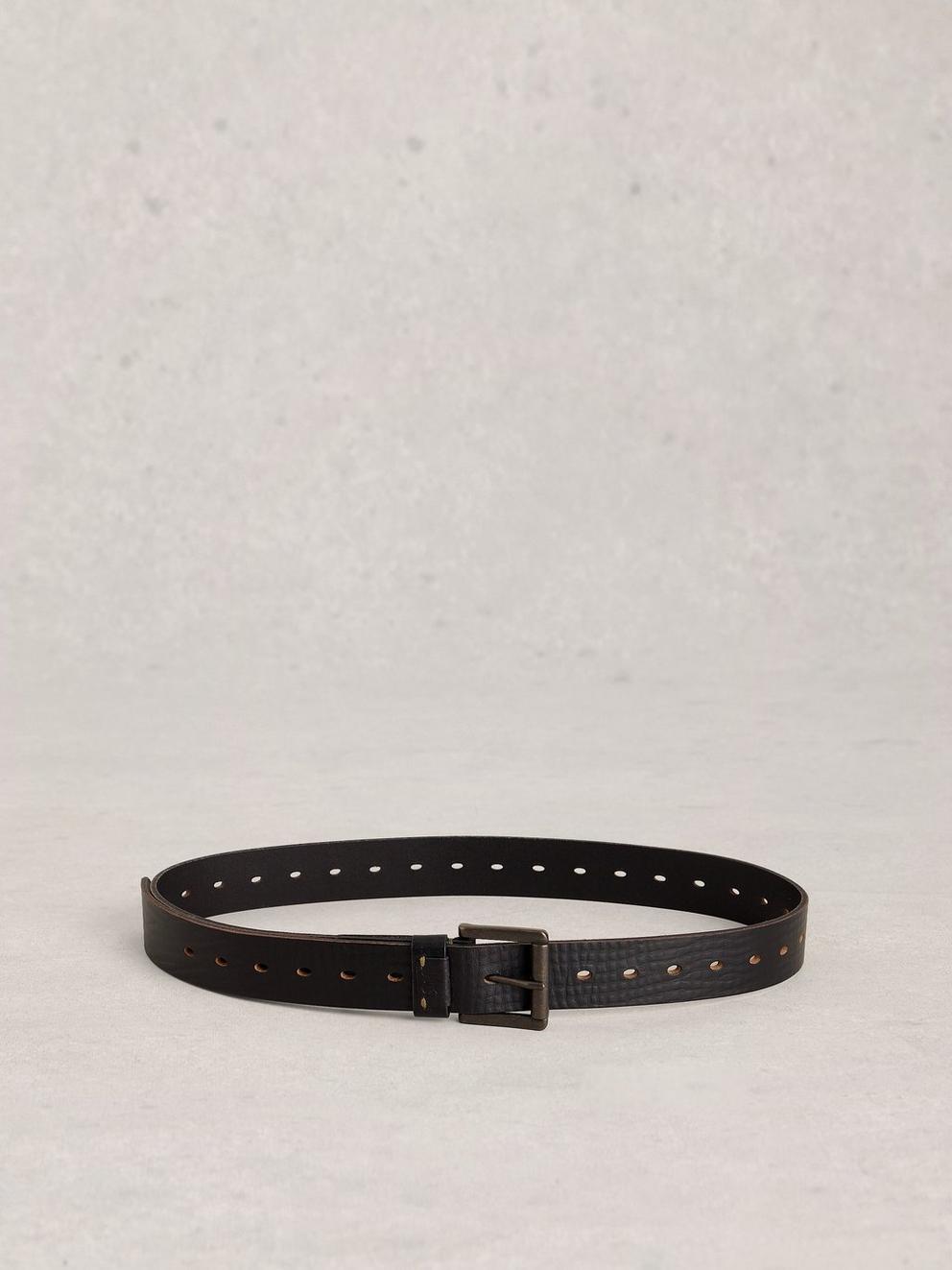 Multi Punch Leather Buckel Belt in PURE BLK - FLAT BACK