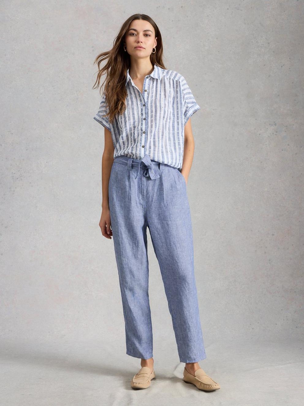 Hadley Linen Trouser in CHAMB BLUE - MODEL FRONT