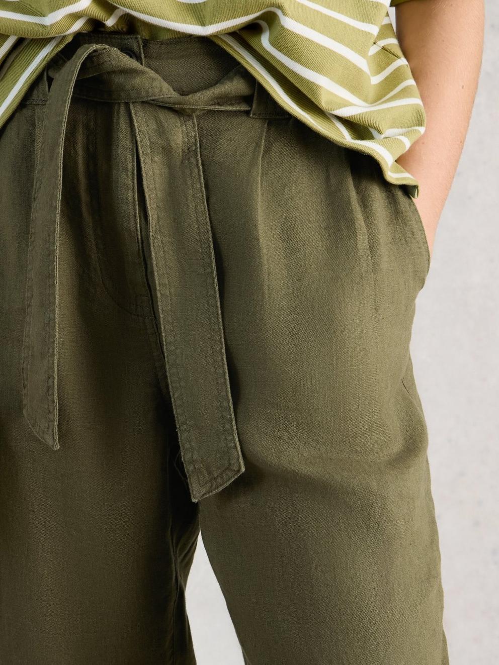 Hadley Linen Trouser in KHAKI GRN - MODEL DETAIL