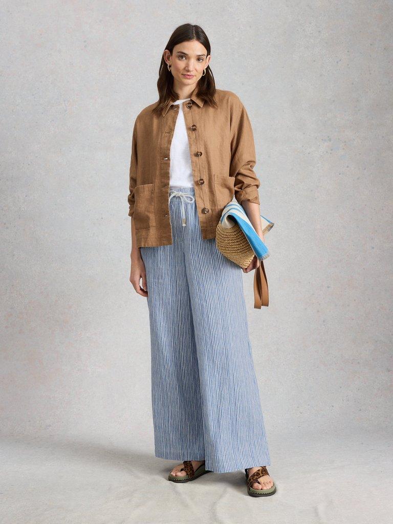 Ally Linen Wide Leg Trouser in BLUE MLT - MODEL FRONT