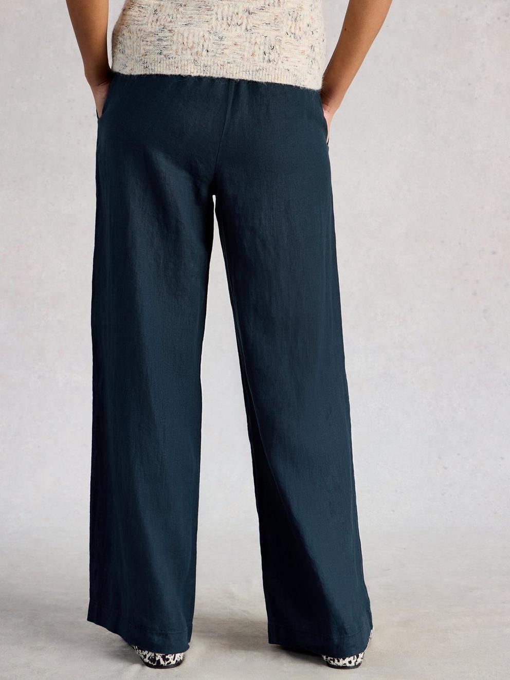 Ally Linen Wide Leg Trouser in DARK NAVY - MODEL BACK