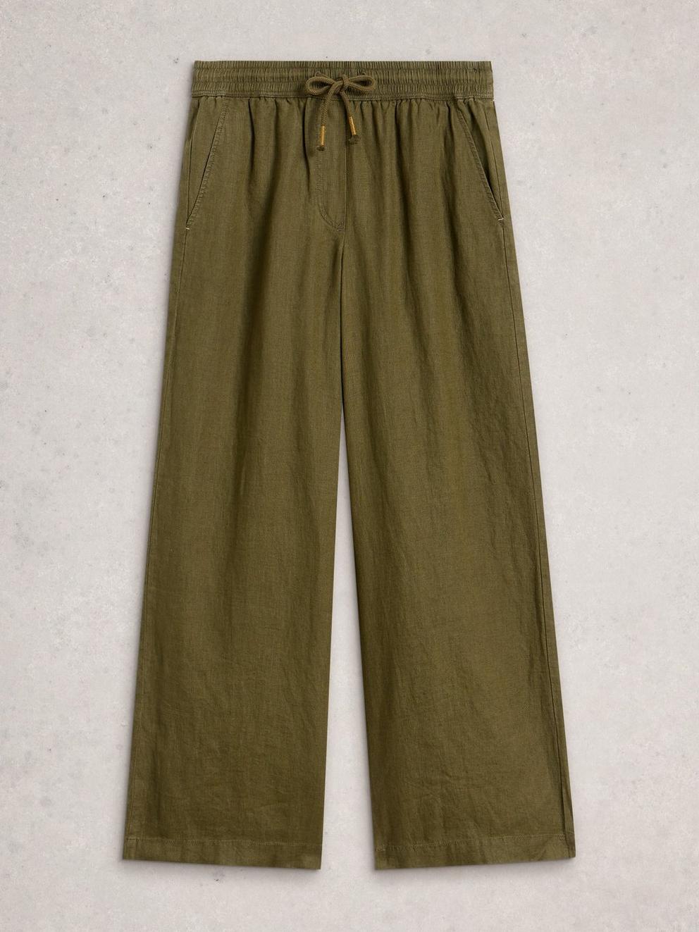 Ally Linen Wide Leg Trouser in KHAKI GRN - FLAT FRONT