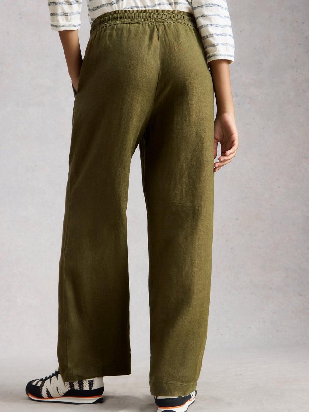 Ally Linen Wide Leg Trouser in KHAKI GRN - MODEL BACK