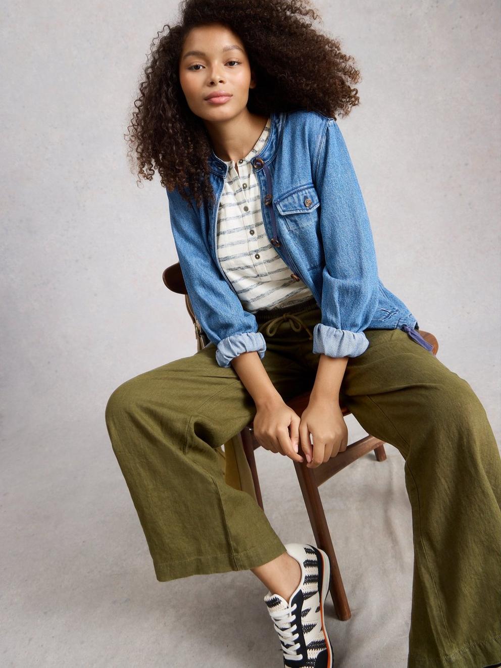 Ally Linen Wide Leg Trouser in KHAKI GRN - MODEL DETAIL