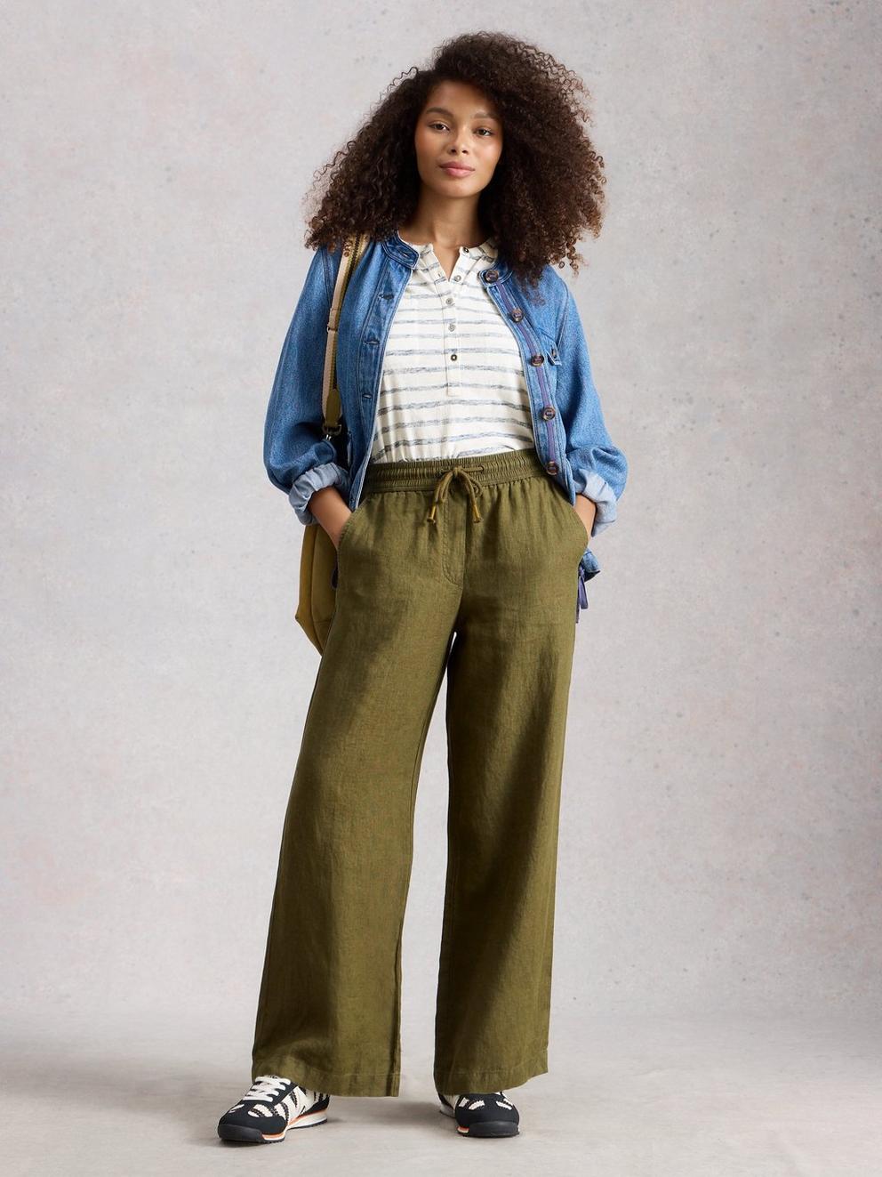 Ally Linen Wide Leg Trouser in KHAKI GRN - MODEL FRONT