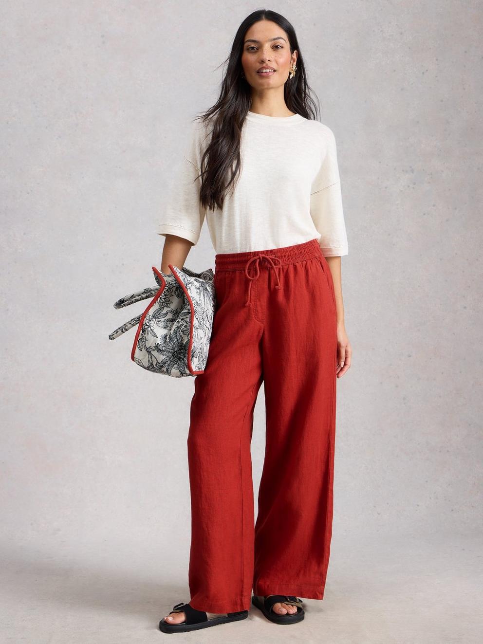 Ally Linen Wide Leg Trouser in MID RED - MODEL FRONT