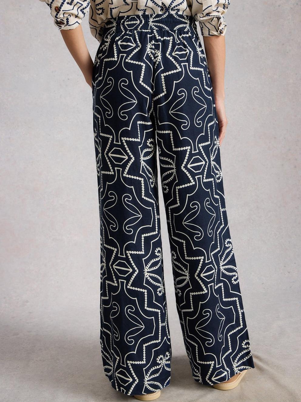 Ally Linen Wide Leg Trouser in NAVY PR - MODEL BACK