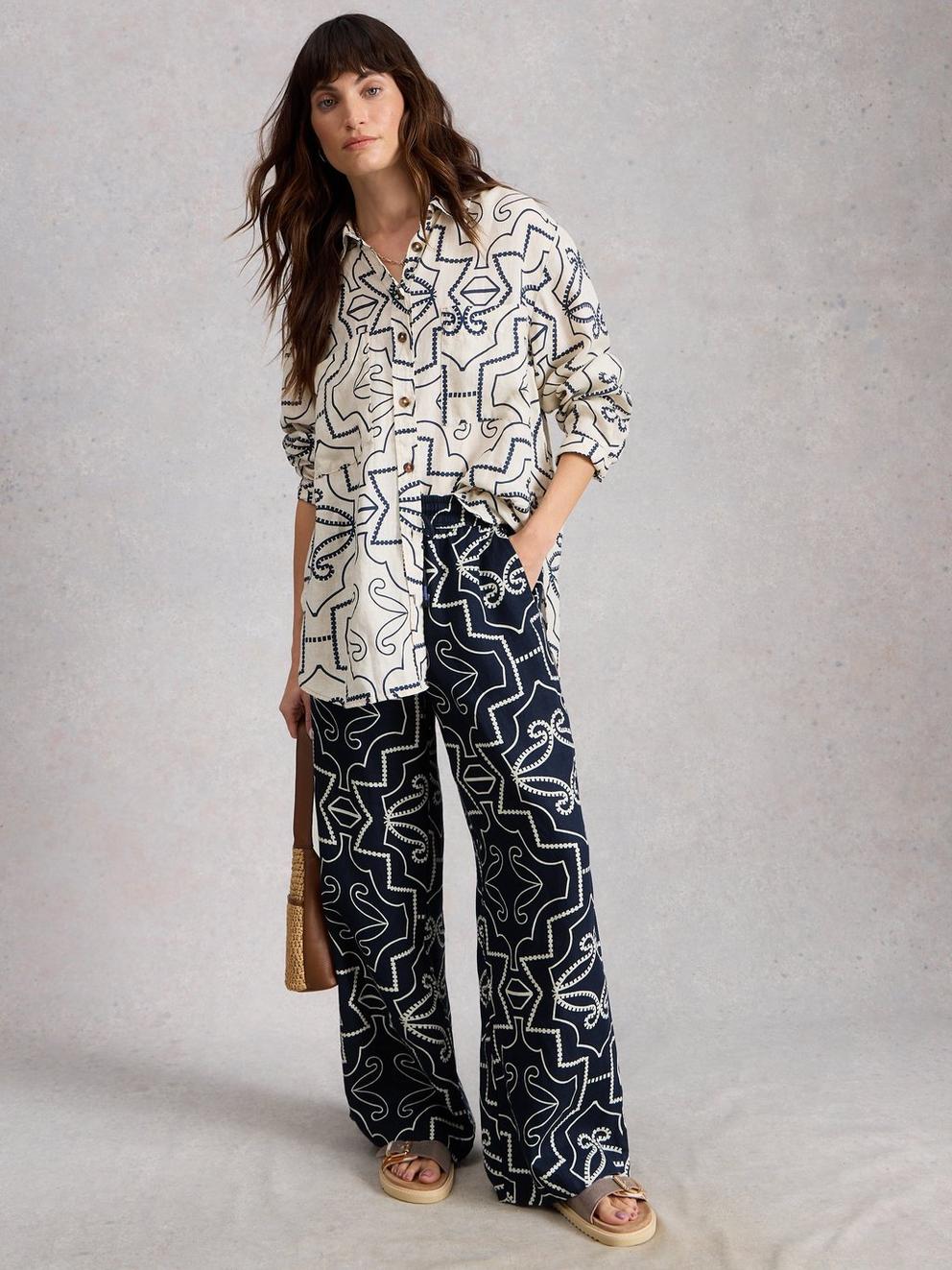 Ally Linen Wide Leg Trouser in NAVY PR - MODEL FRONT