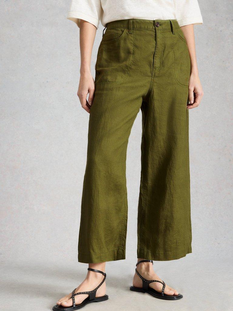Tia Linen Wide Leg Crop in MID GREEN - MODEL DETAIL