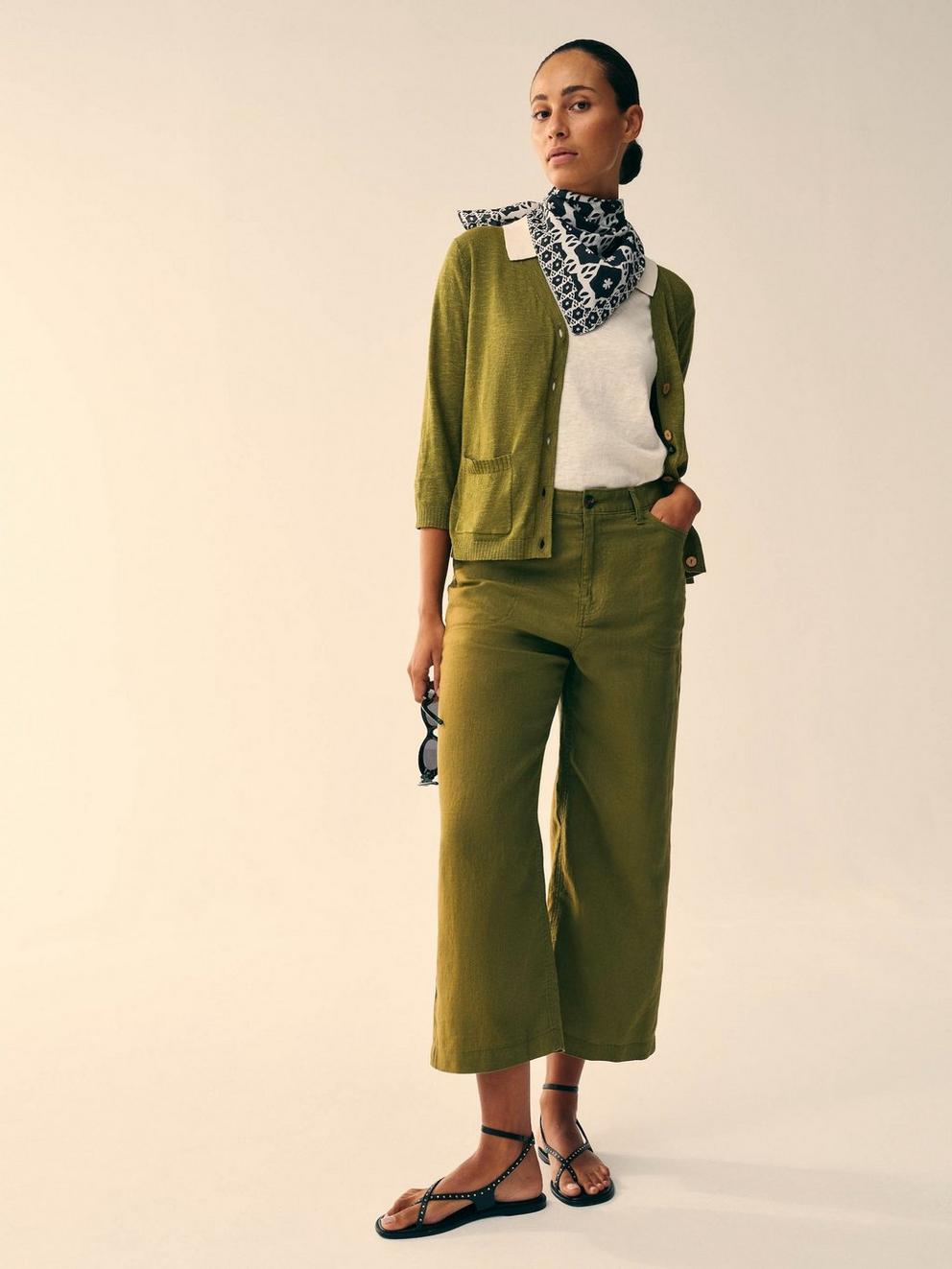 Tia Linen Wide Leg Crop in MID GREEN - MIXED