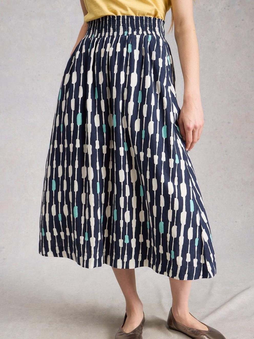 Shelly Linen Blend Midi Skirt in NAVY PR - LIFESTYLE