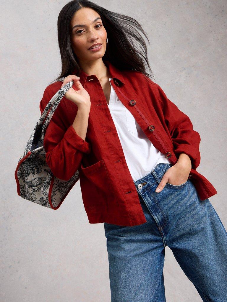 Isabel Linen Jacket in MID RED - MODEL DETAIL