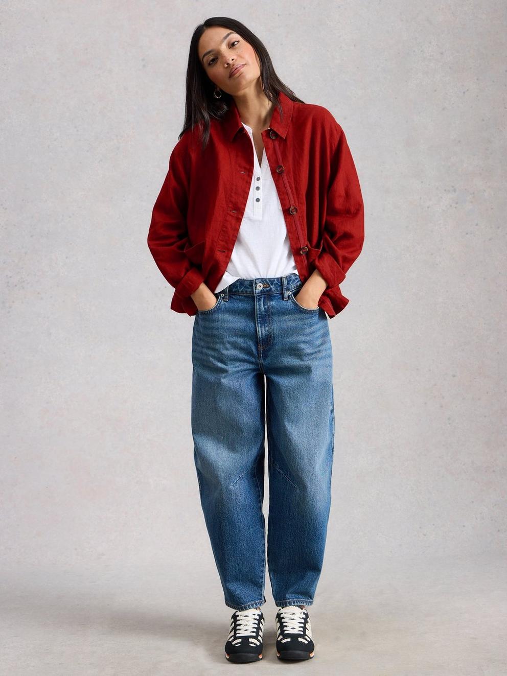 Isabel Linen Jacket in MID RED - MODEL FRONT