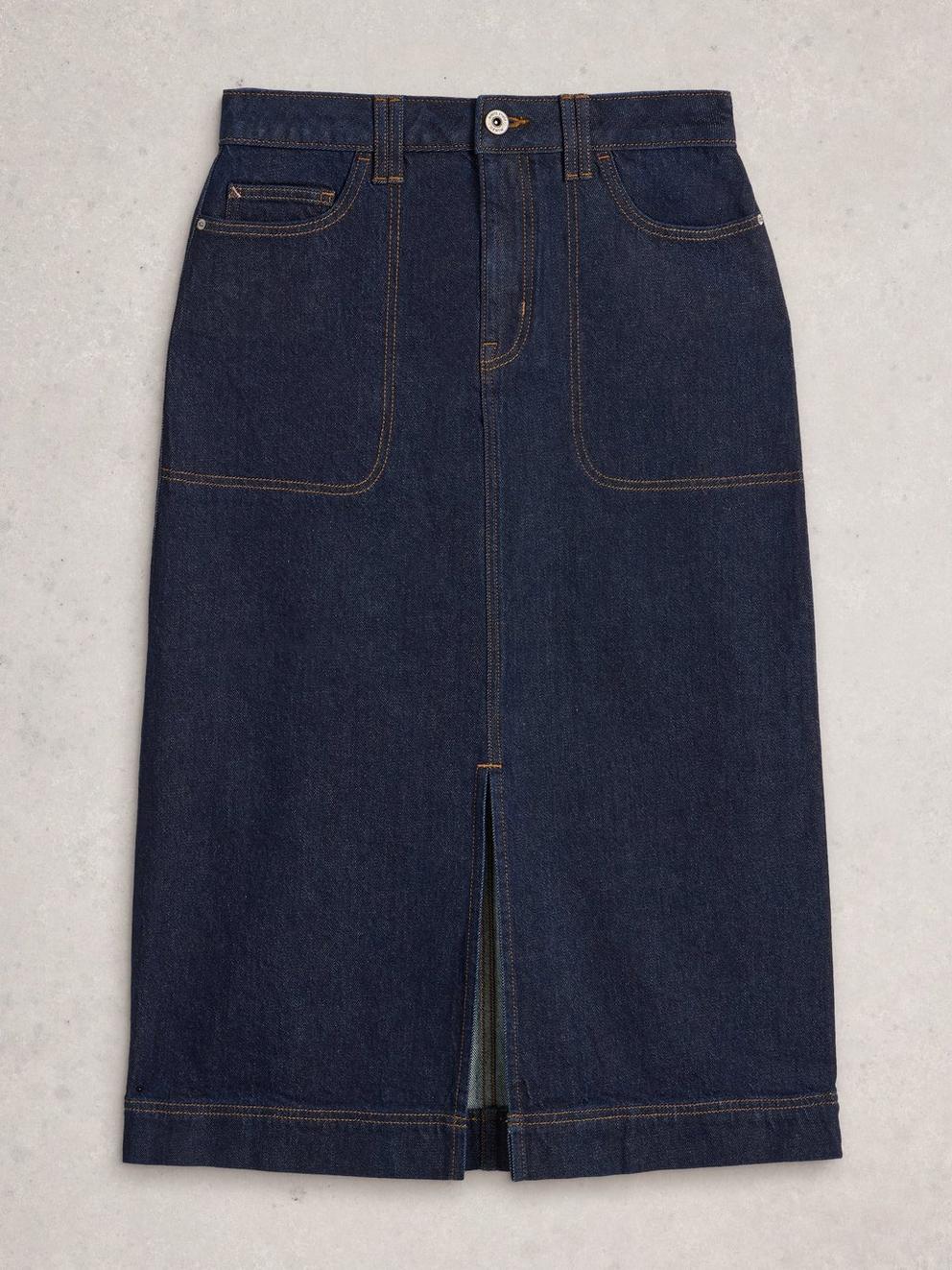 Tia Midi Denim Skirt in DK DENIM - FLAT FRONT