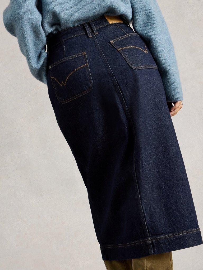 Tia Midi Denim Skirt in DK DENIM - MODEL BACK