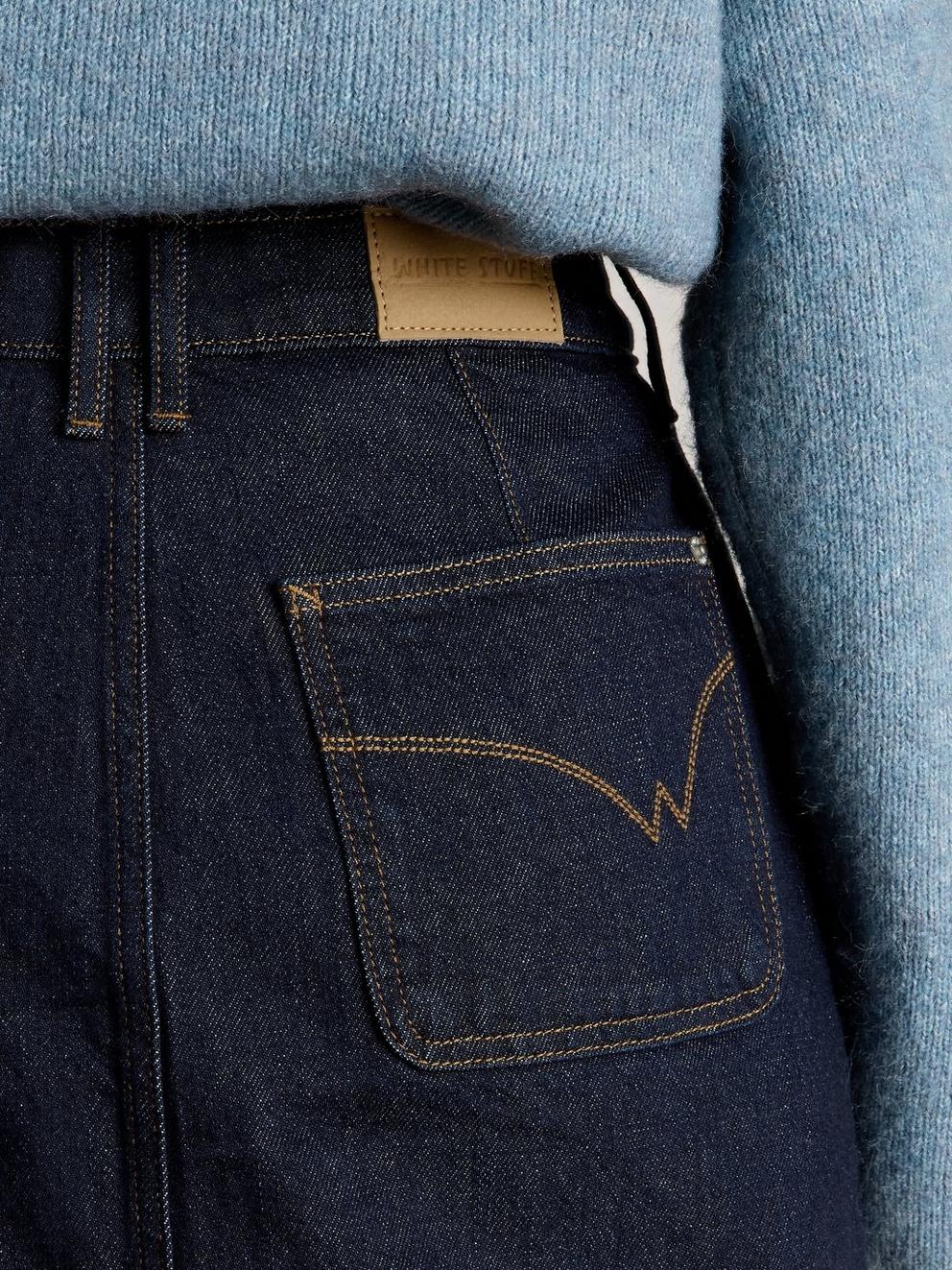 Tia Midi Denim Skirt in DK DENIM - MODEL DETAIL