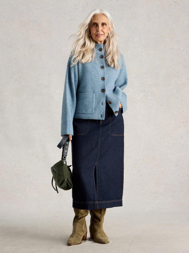 Tia Midi Denim Skirt in DK DENIM - MODEL FRONT