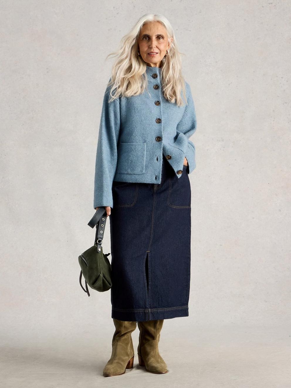 Tia Midi Denim Skirt in DK DENIM - MODEL FRONT