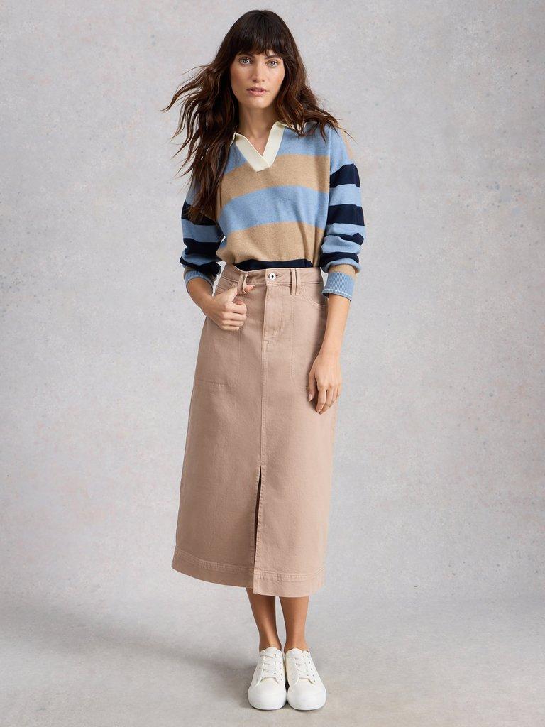 Tia Midi Denim Skirt in DK NAT - MODEL FRONT