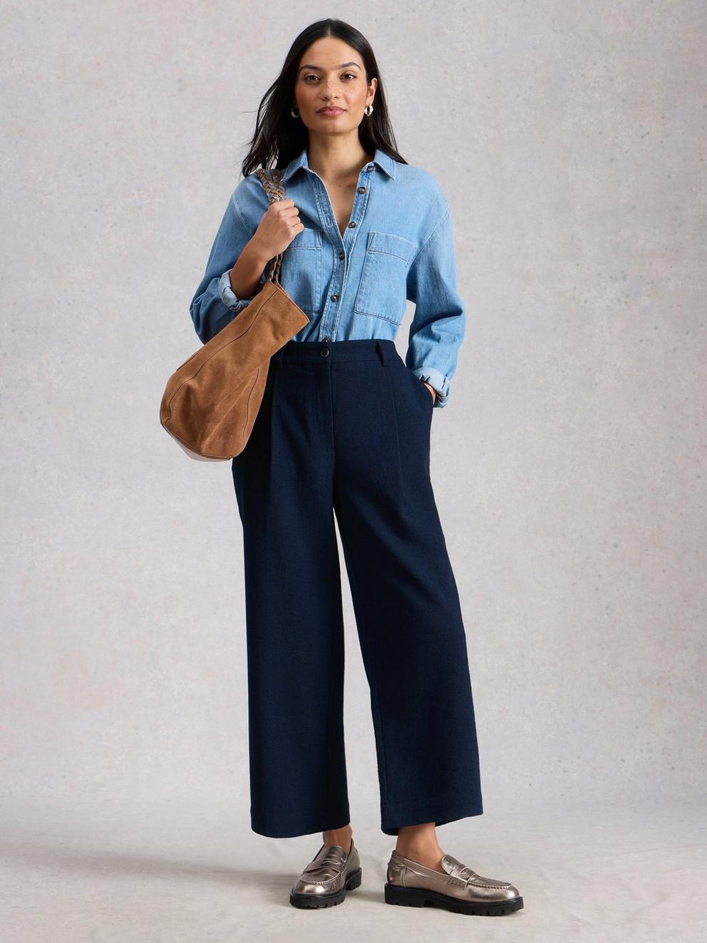 Belle Tweedy Wide Leg Crop in NAVY MULTI - MODEL FRONT