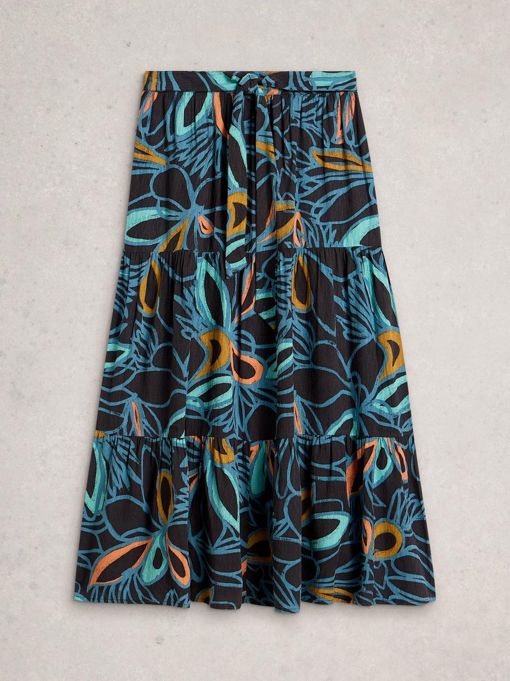 Lotus Print Maxi Skirt in BLK MLT - FLAT FRONT