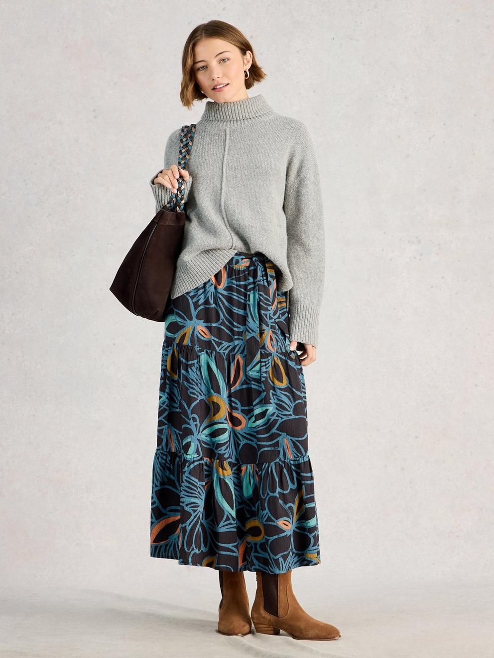 Lotus Print Maxi Skirt in BLK MLT - MODEL FRONT