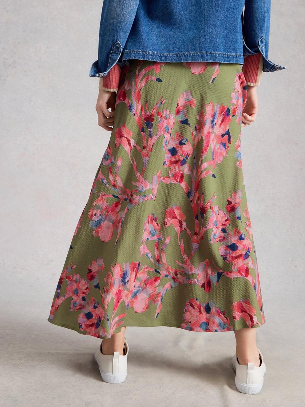 Hope Print Bias Cut Maxi Skirt in GREEN MLT - MODEL BACK