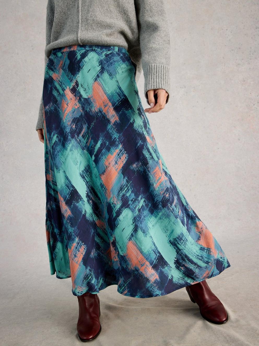 Hope Print Bias Cut Maxi Skirt in NAVY MULTI - LIFESTYLE