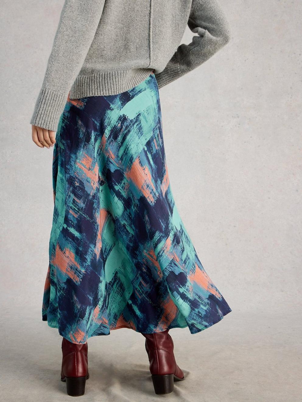 Hope Print Bias Cut Maxi Skirt in NAVY MULTI - MODEL BACK
