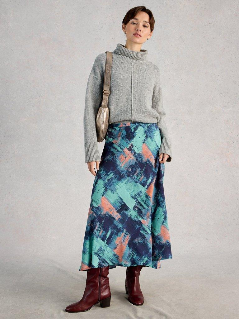 Hope Print Bias Cut Maxi Skirt in NAVY MULTI - MODEL FRONT