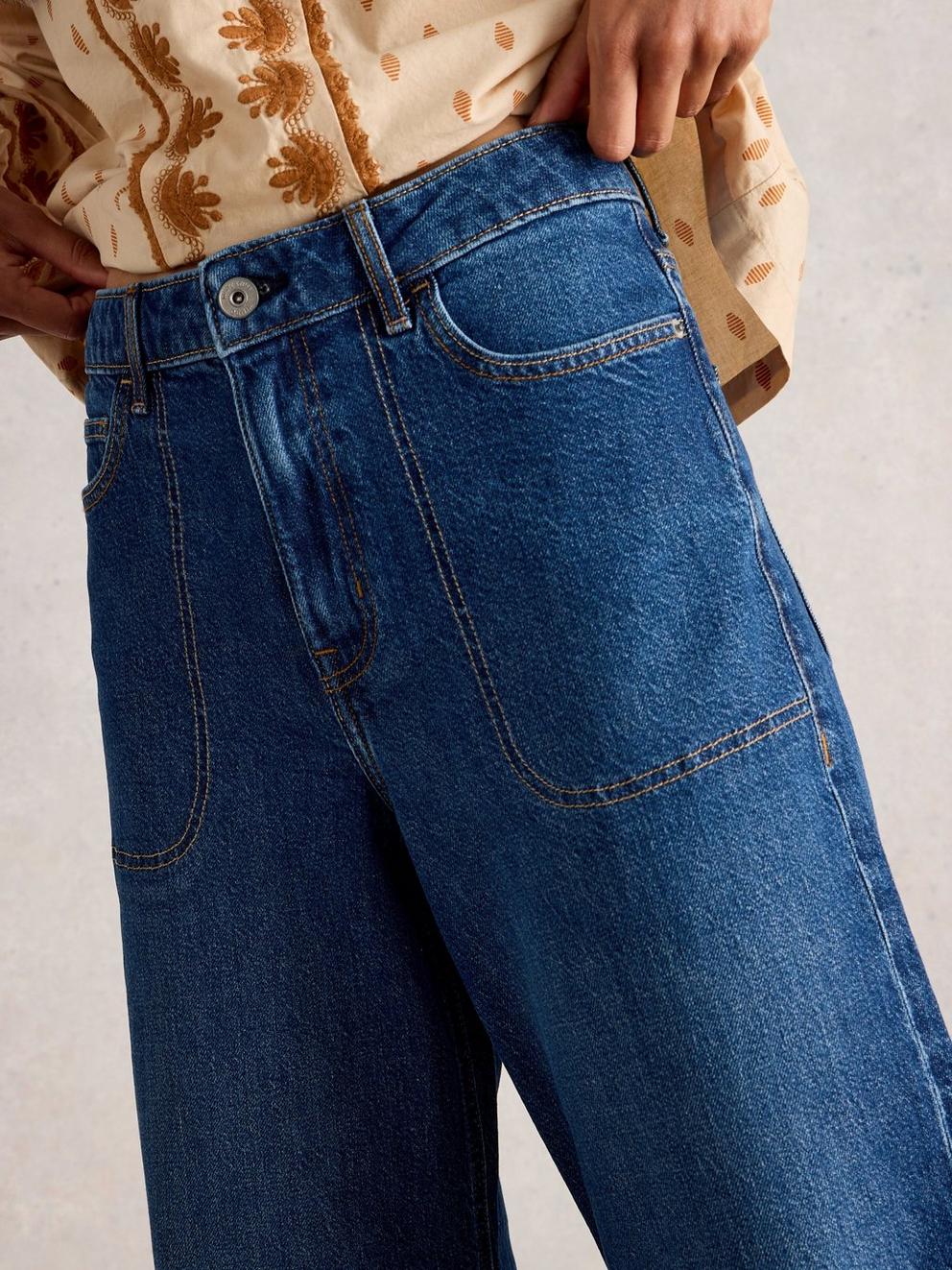 Tia Wide Leg Full Length Jean in DK DENIM - MODEL DETAIL