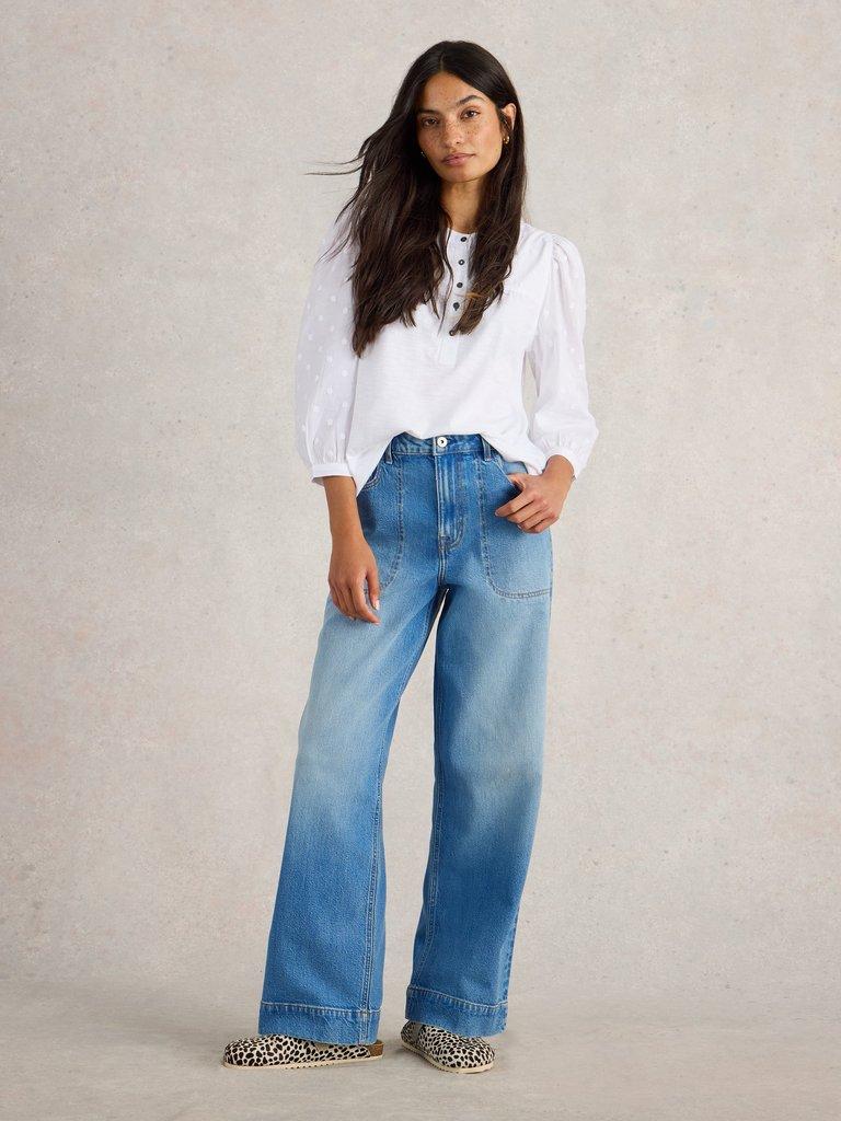 Tia Wide Leg Full Length Jean in MID DENIM - MODEL FRONT
