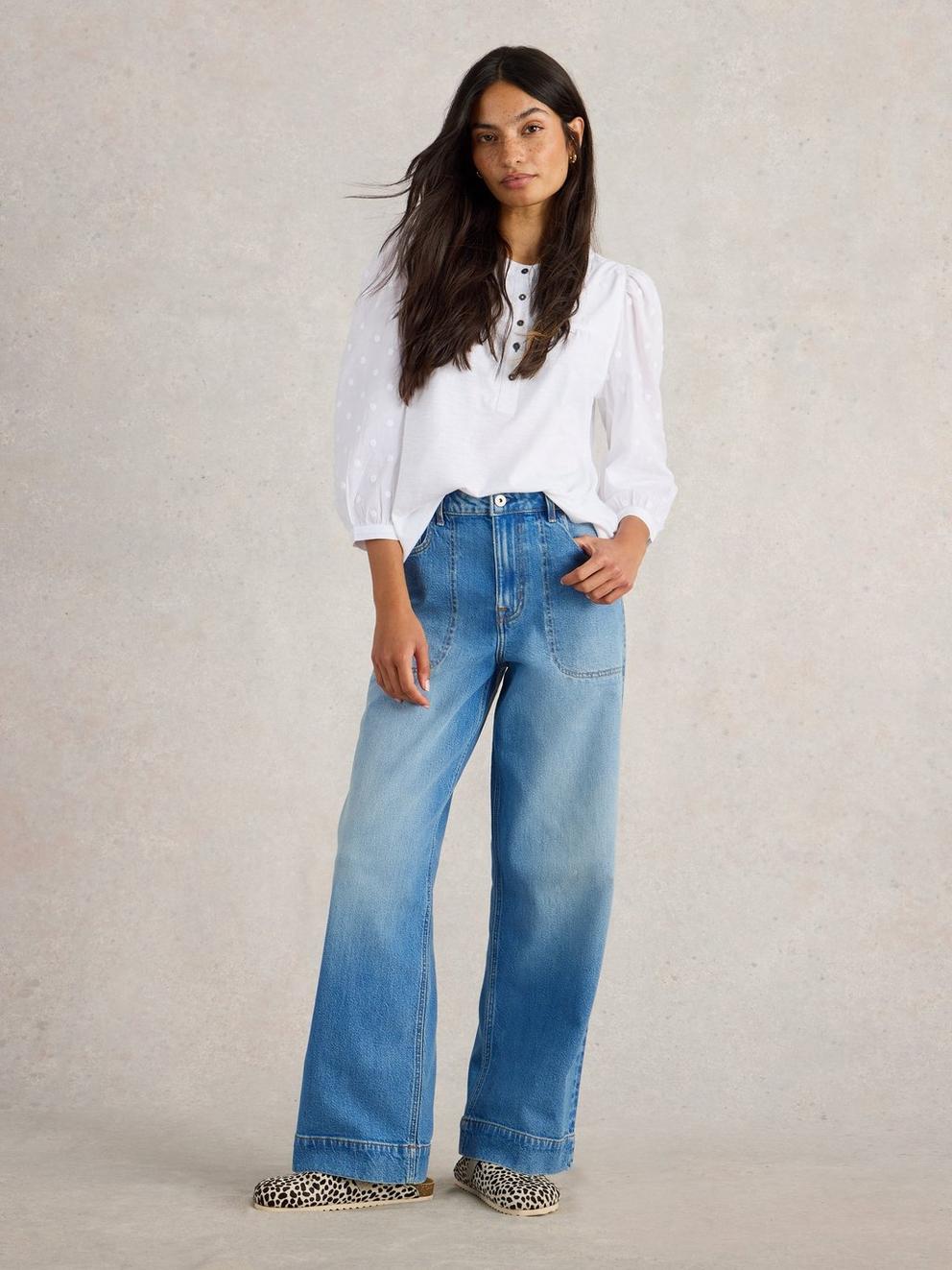Tia Wide Leg Full Length Jean in MID DENIM - MODEL FRONT