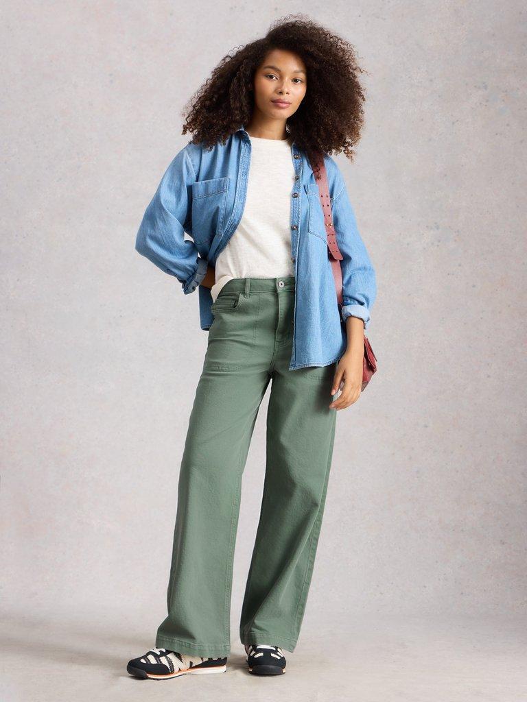 Tia Wide Leg Full Length Jean in MID GREEN - MODEL FRONT