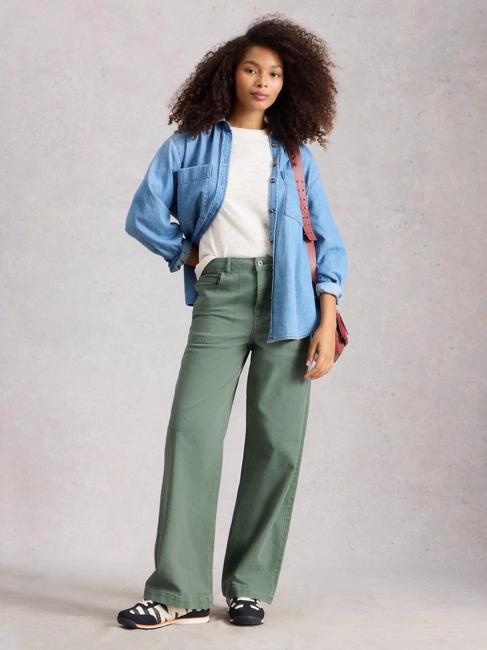 Tia Wide Leg Full Length Jean in MID GREEN - MODEL FRONT