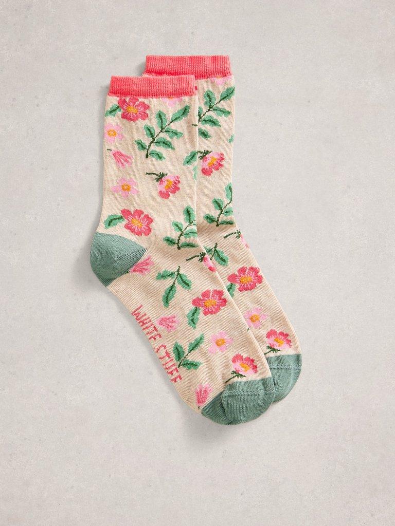 Floral Print Ankle Sock in NAT MLT - FLAT FRONT