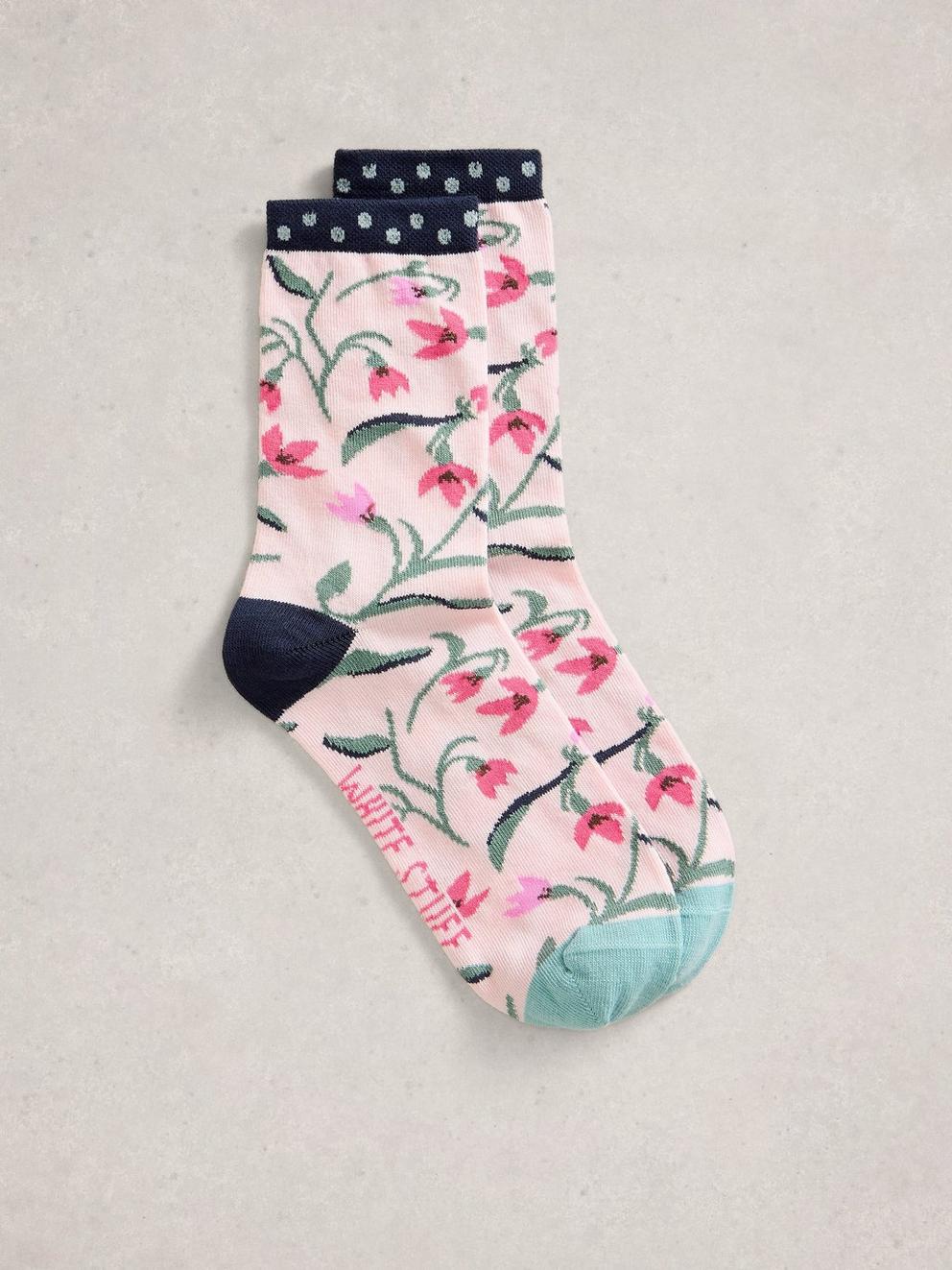 Floral Print Ankle Sock in PINK MLT - FLAT FRONT