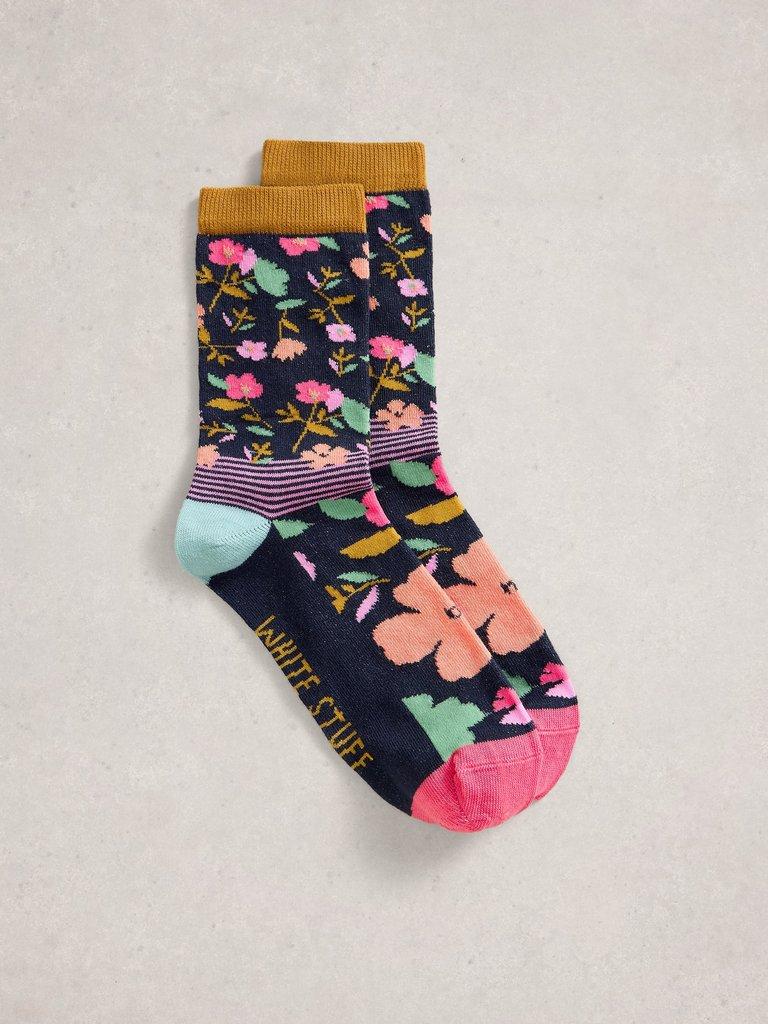 Floral Stripe Ankle Sock in NAVY MULTI - FLAT FRONT