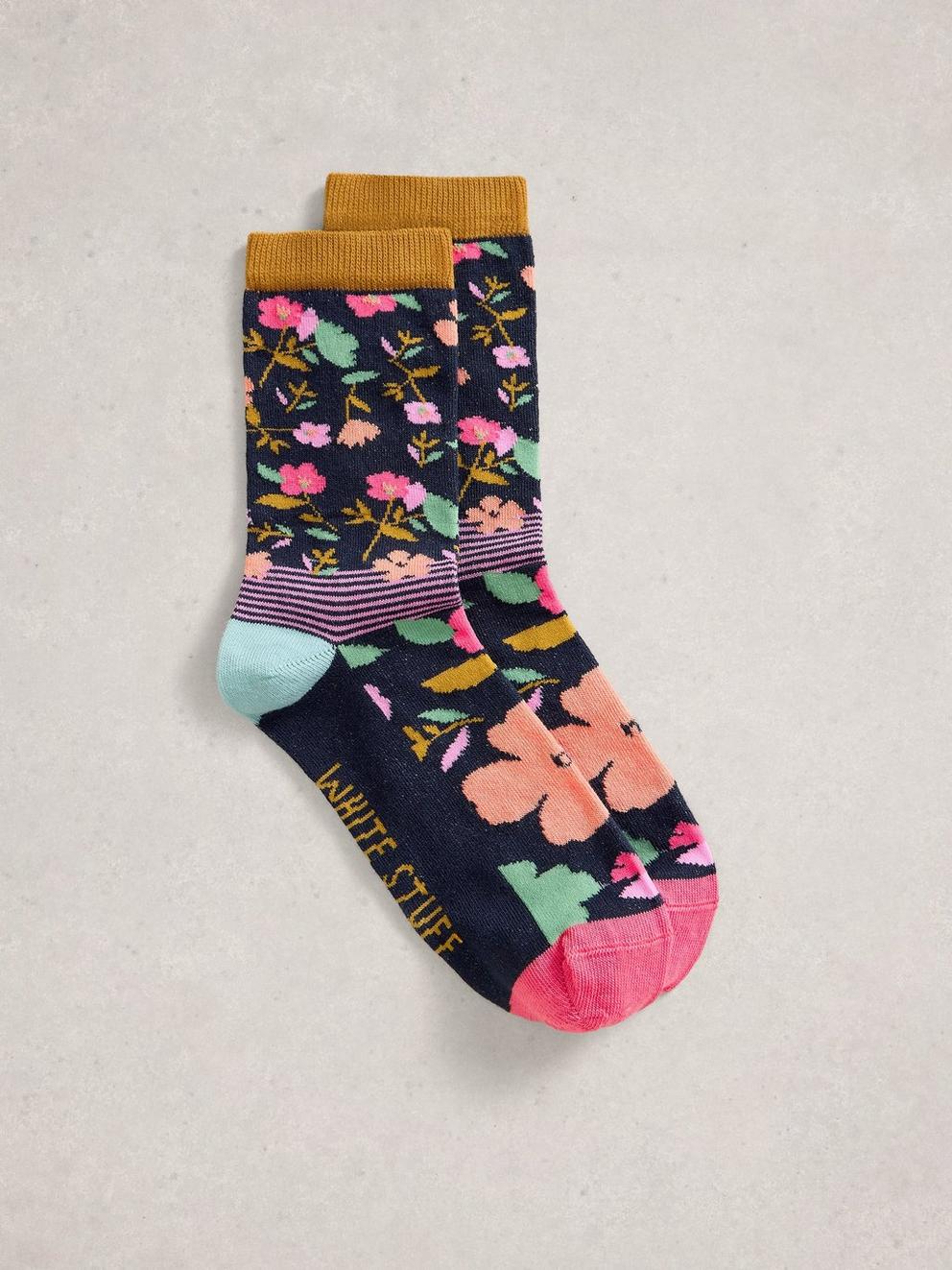 Floral Stripe Ankle Sock in NAVY MULTI - FLAT FRONT