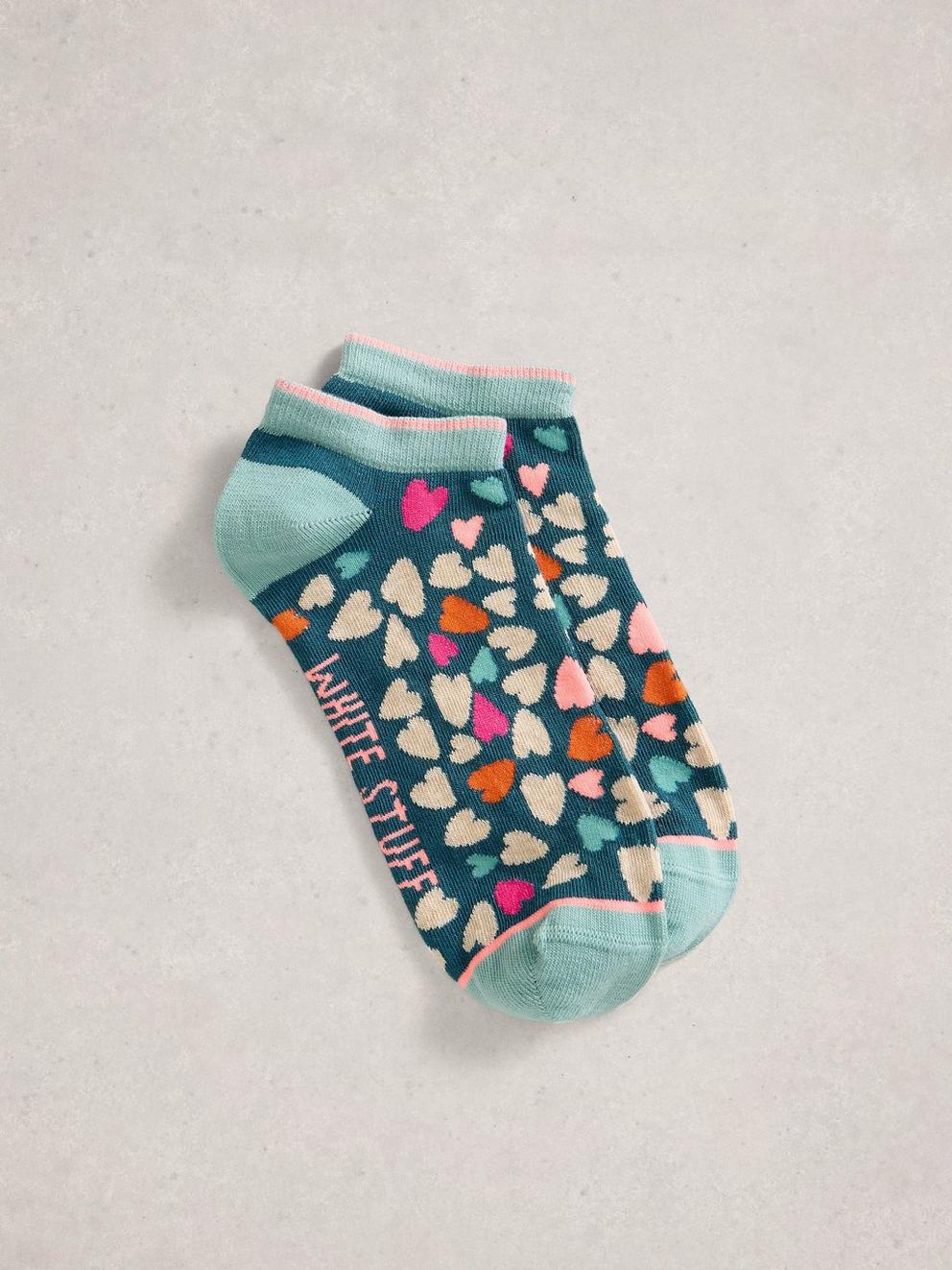 Heart Printed Trainer Sock in TEAL MLT - FLAT FRONT