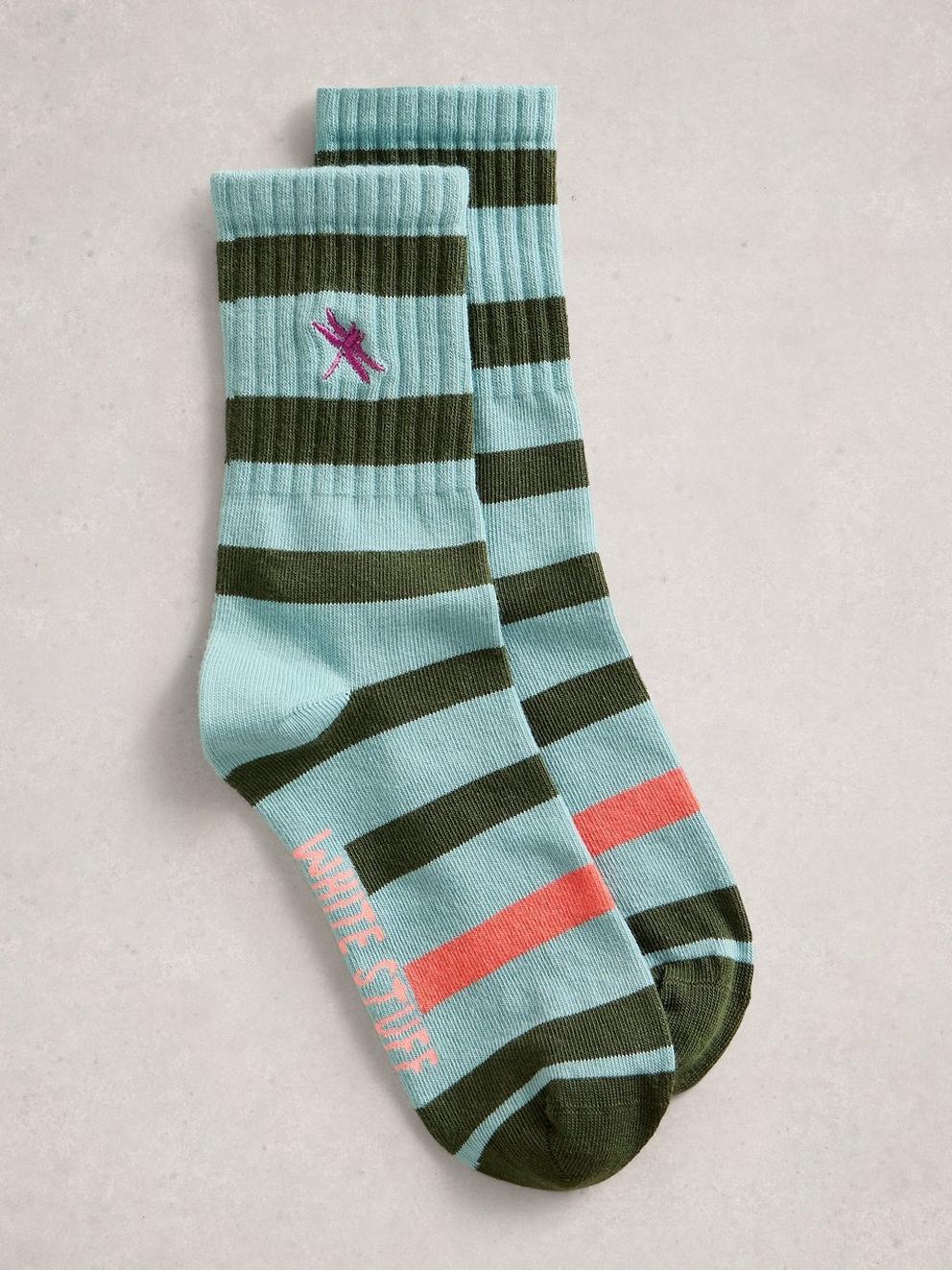 Embroidered Dragonfly Rib Sock in MID GREEN - FLAT FRONT