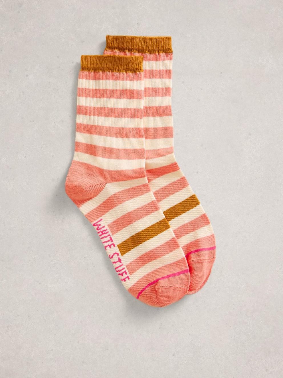 Block Stripe Ankle Socks in LGT CORAL - FLAT FRONT