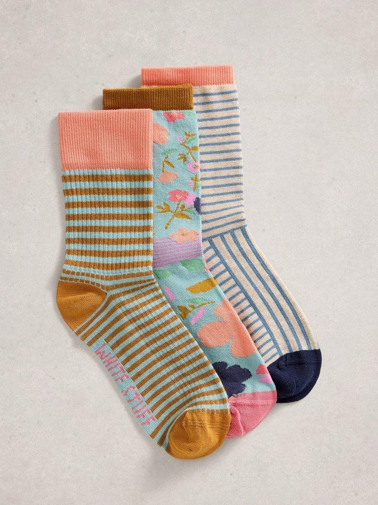3PK Floral Stripe Socks in PINK MLT - FLAT FRONT