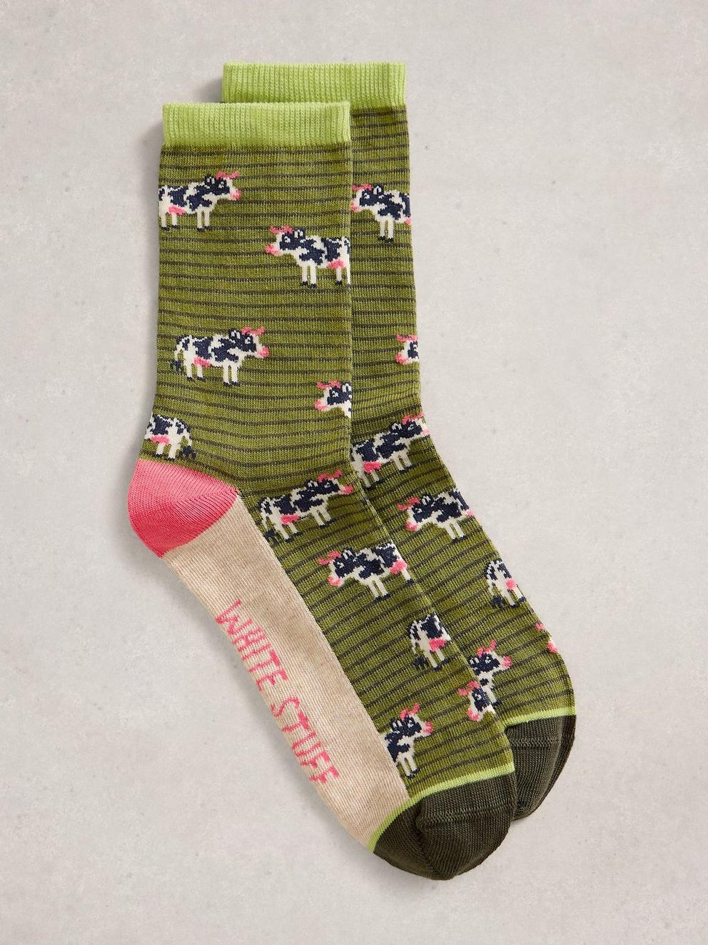 Novelty Cow Ankle Sock in GREEN MLT - FLAT FRONT