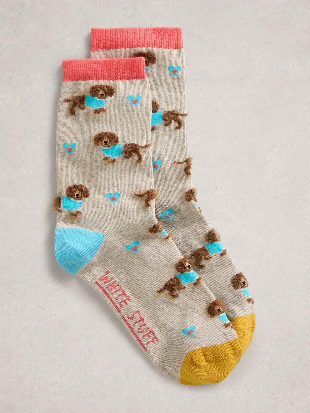 Fluffy Sausage Print Ankle Sock in GREY MLT - FLAT FRONT