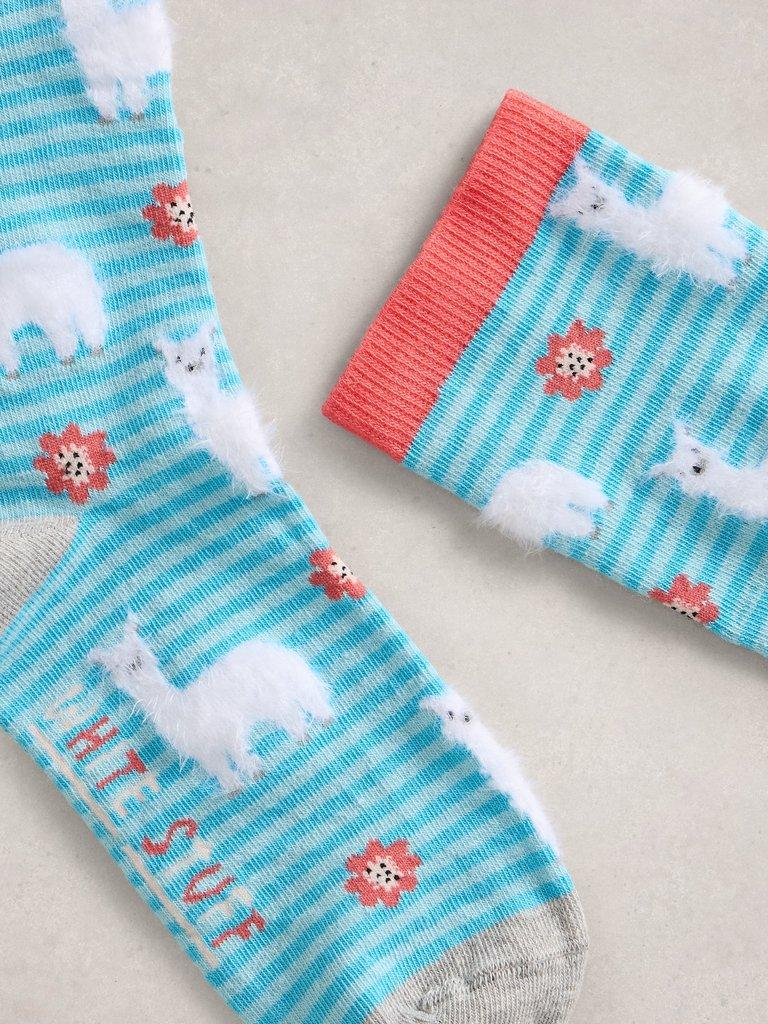 Fluffy Llama Print Ankle Sock in BLUE MLT - FLAT DETAIL