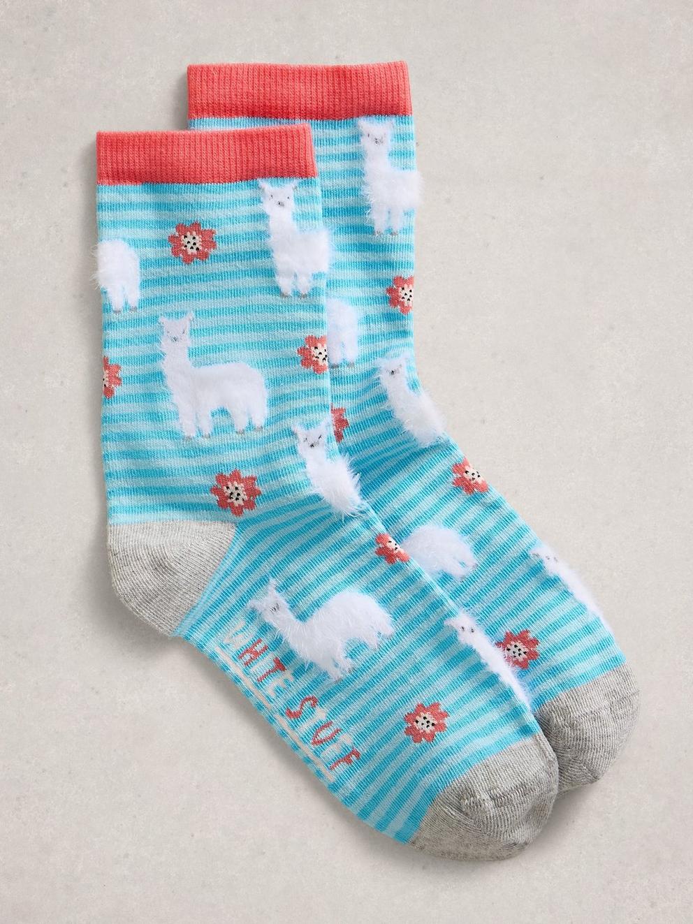 Fluffy Llama Print Ankle Sock in BLUE MLT - FLAT FRONT