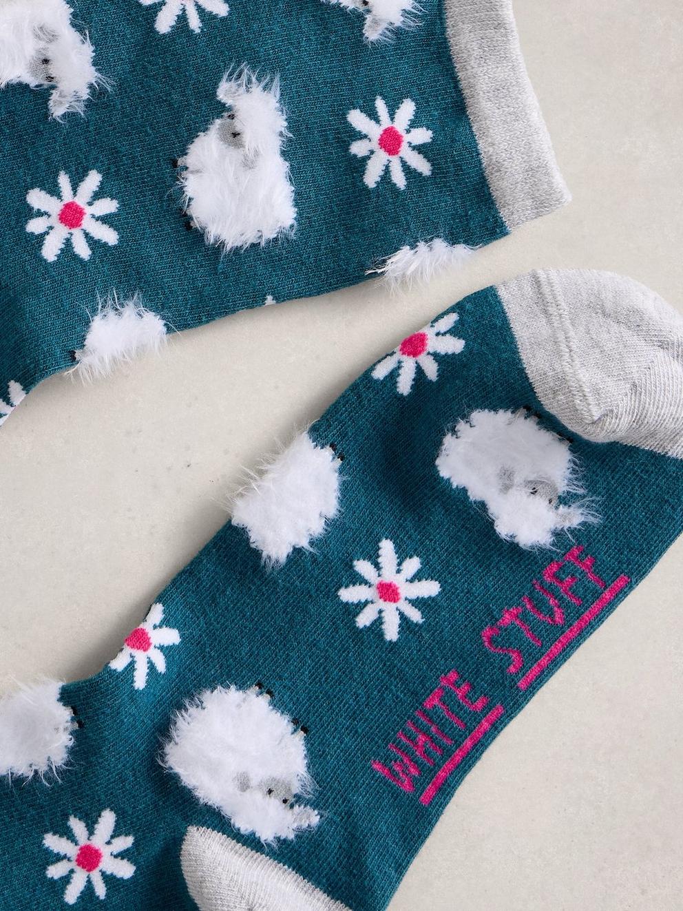 Fluffy Sheep Print Ankle Sock in DK TEAL - FLAT DETAIL