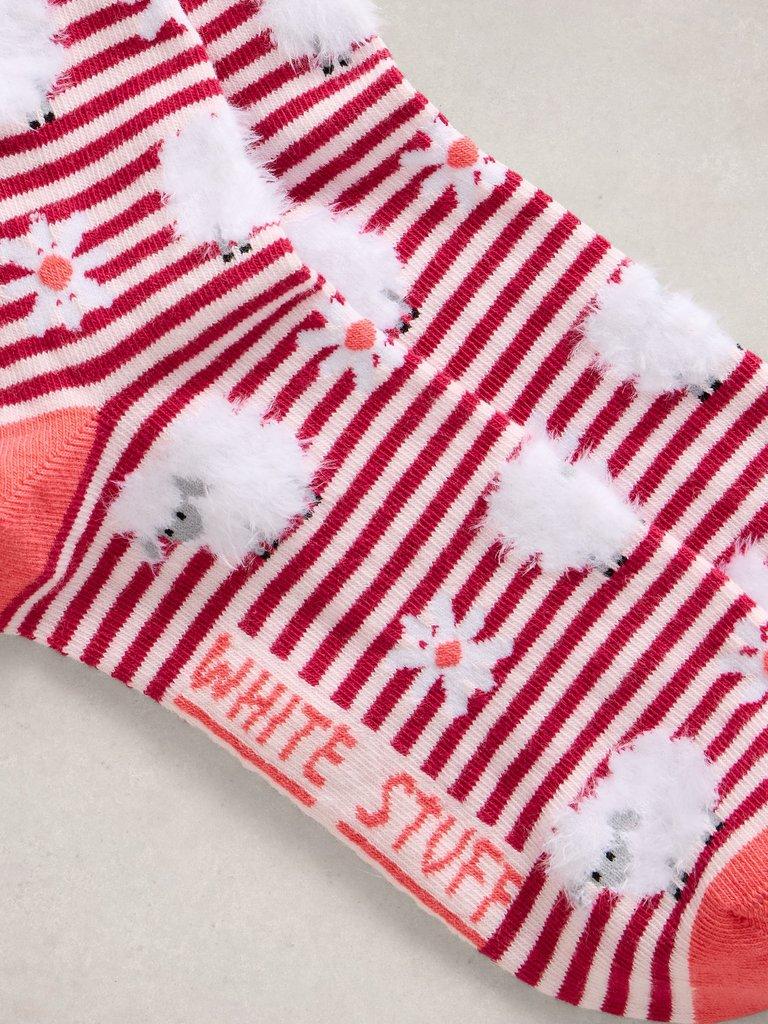 Fluffy Sheep Stripe Ankle Sock in MID RED - FLAT DETAIL