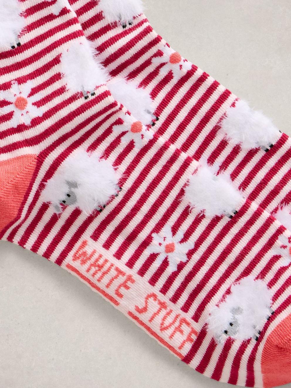 Fluffy Sheep Stripe Ankle Sock in MID RED - FLAT DETAIL